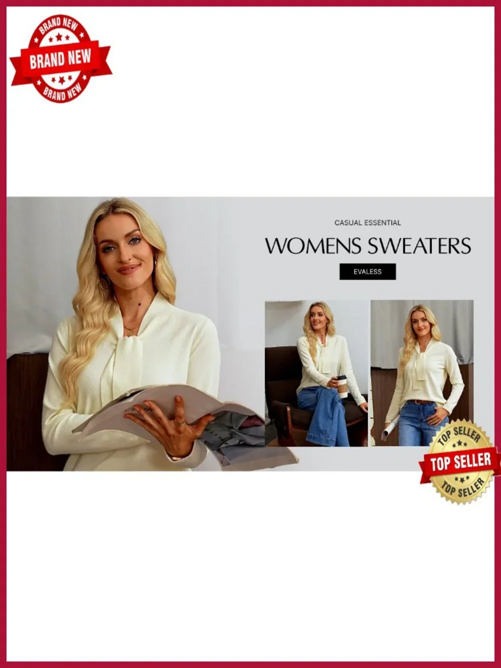 Women's Knit Pullover Sweater Elegant Knot Neckline Business Casual Long Sleeve